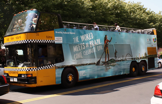 Image of wrapped double decker bus promoting Brasil Tourism