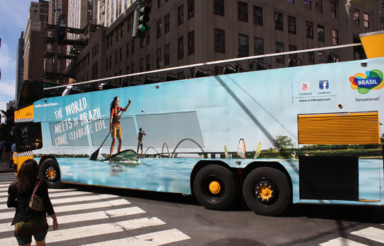Image of wrapped double decker bus promoting Brasil Tourism