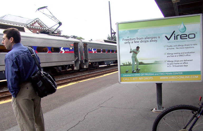 Image of a commuter rail poster ad for a medical center in Philadelphia