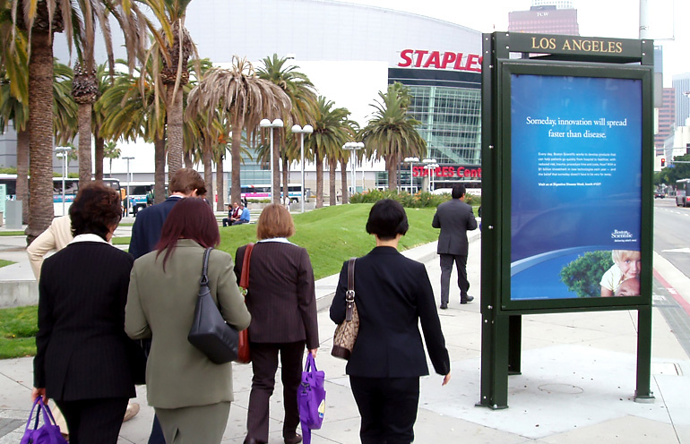 Image of transit shelter ad near the Los Angeles Convention Center and the Staples Center