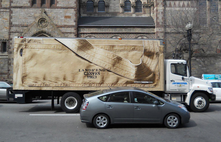 Image of truckside advertising used to launch a national apparell brand