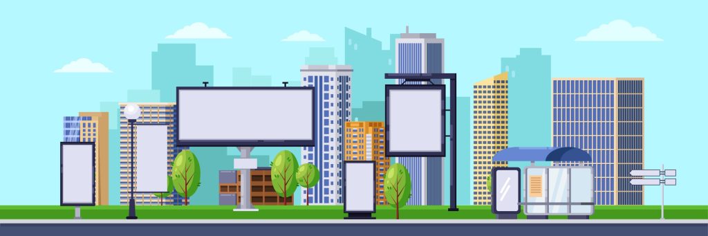 Graphic of city skyline highlighting out of home media