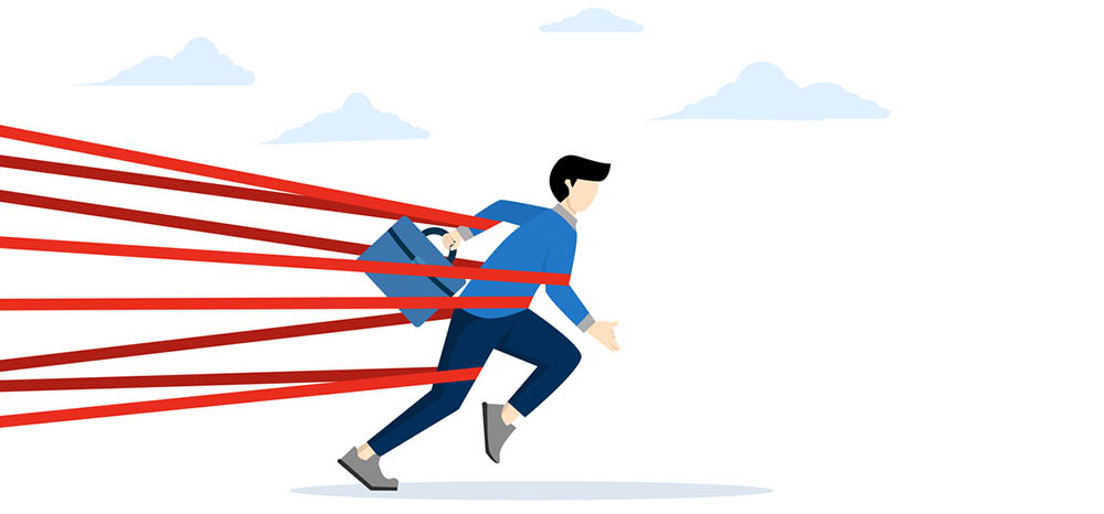an image that shows how red tape is holding clients back and implies that Specialist Agencies for Mid-Market Brands are more beneficial